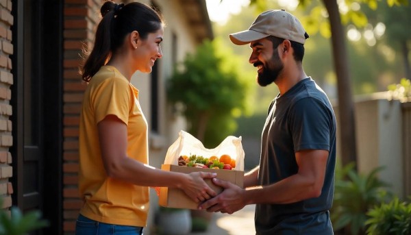 Repartidor realizando varias entregas, una clienta recibe una caja con bolsas de comida por paquete para disfrutar en familia