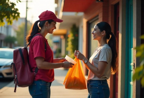 Repartidora de comida casera realiza una entrega un pedido de comida corrida y a la carta a un cliente en un punto de encuentro